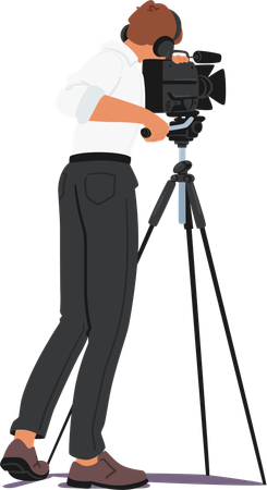 Cameraman Using Professional Video Camera Mounted On Tripod  Illustration