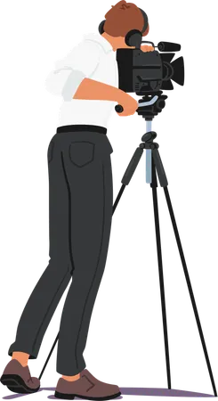 Cameraman Using Professional Video Camera Mounted On Tripod  Illustration