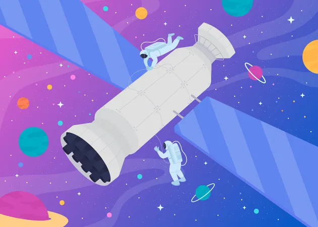 Ilustracion De Vector De Color Plano De Caminata Espacial Los Astronautas Trabajan Fuera De Su Nave Espacial Para Arreglar O Comprobar Algo Mientras Aun Estan En El Espacio Personajes De Dibujos Animados 2 D Con Espacio Abierto Con Grandes Planetas En El Fondo Ilustración