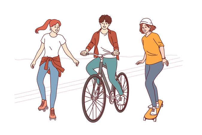 Caminhada de verão de amigos alegres usando patins e bicicleta  Ilustração