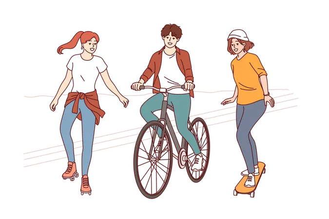 Caminhada de verão de amigos alegres usando patins e bicicleta  Ilustração