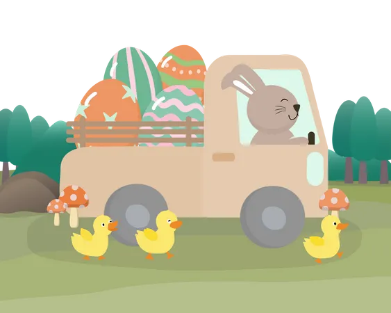 Caminhão de coelho fofo com ovo de páscoa  Ilustração