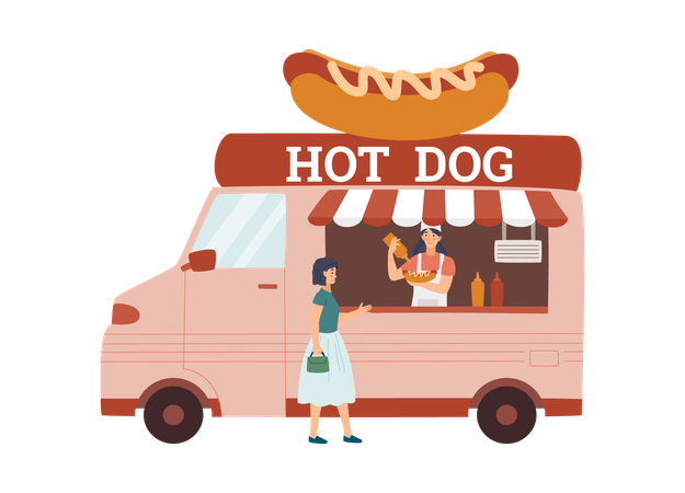 Caminhão de comida de rua com instalação de cachorro-quente no telhado  Ilustração