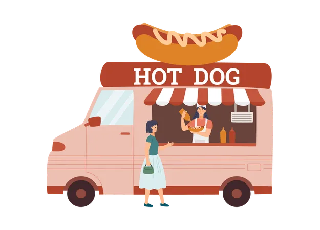 Caminhão de comida de rua com instalação de cachorro-quente no telhado  Ilustração