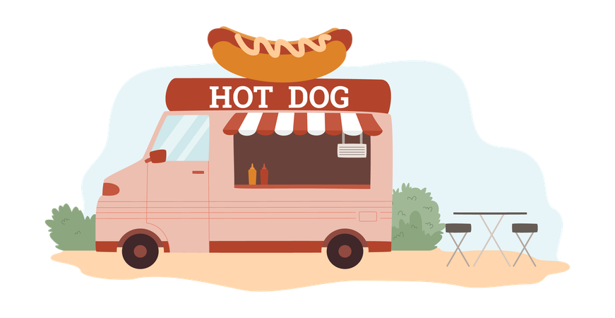 Caminhão de comida de rua com lanches de cachorro-quente  Ilustração