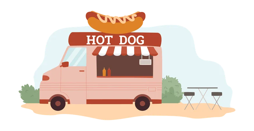 Caminhão de comida de rua com lanches de cachorro-quente  Ilustração