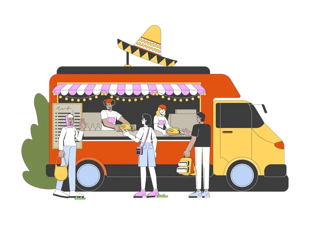 Caminhão de comida mexicana lotado com entrega de tacos  Ilustração