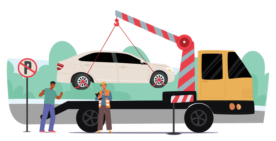 Caminhão de reboque levantando carro de zona de estacionamento proibido  Ilustração