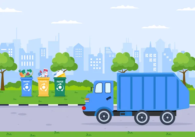 Processo De Ecologia De Reciclagem Fundo De Ilustracao Plana Com Residuos Organicos Papel Ou Plastico Recolhido Em Um Caminhao E Levado Para Queimar Ilustração