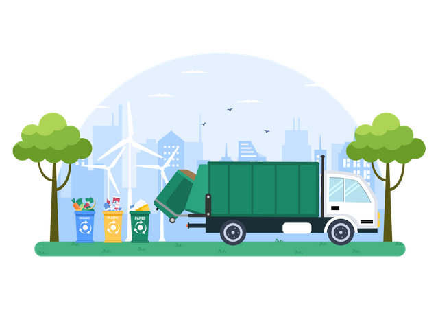 Caminhão de reciclagem recolhendo lixo  Ilustração