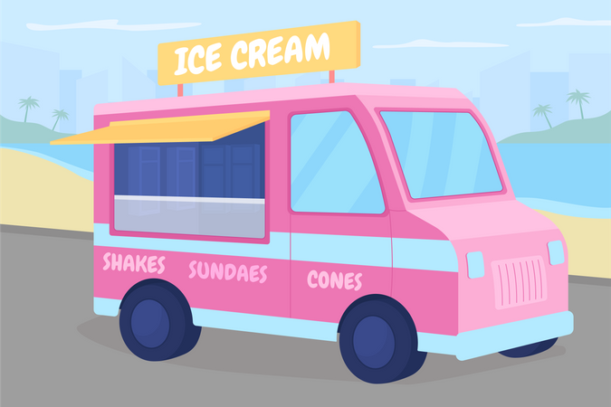 Caminhão de sorvete na praia  Ilustração