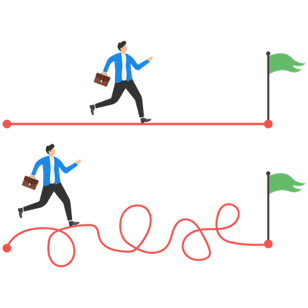 Caminho de atalho para obter sucesso nos negócios ou caminho difícil e obstáculo  Ilustração