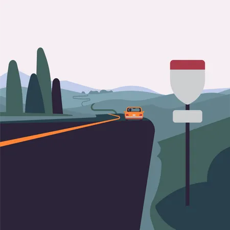 Largo camino con un automóvil solitario a distancia y un letrero abstracto en la carretera  Ilustración