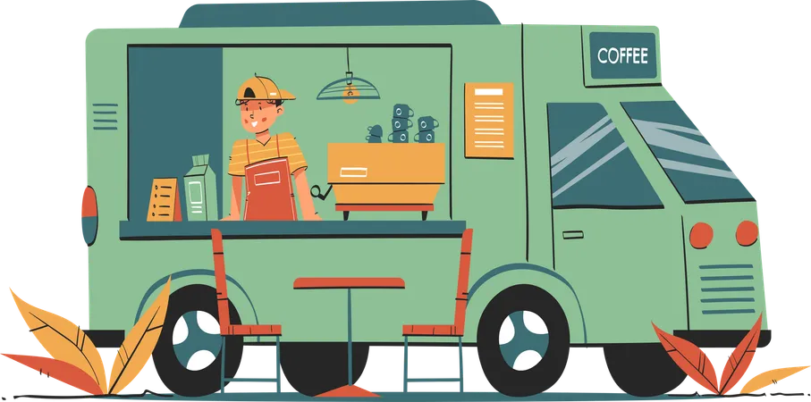 Camion de café avec barista  Illustration