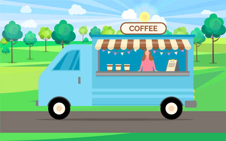Café-restaurant, camion avec femme vendant des boissons  Illustration