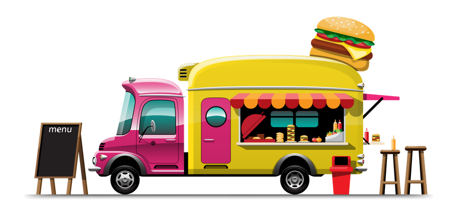 Camión de comida con hamburguesa  Ilustración