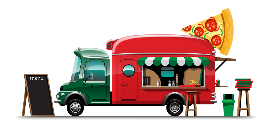 Camión de comida con menú de pizzas  Ilustración
