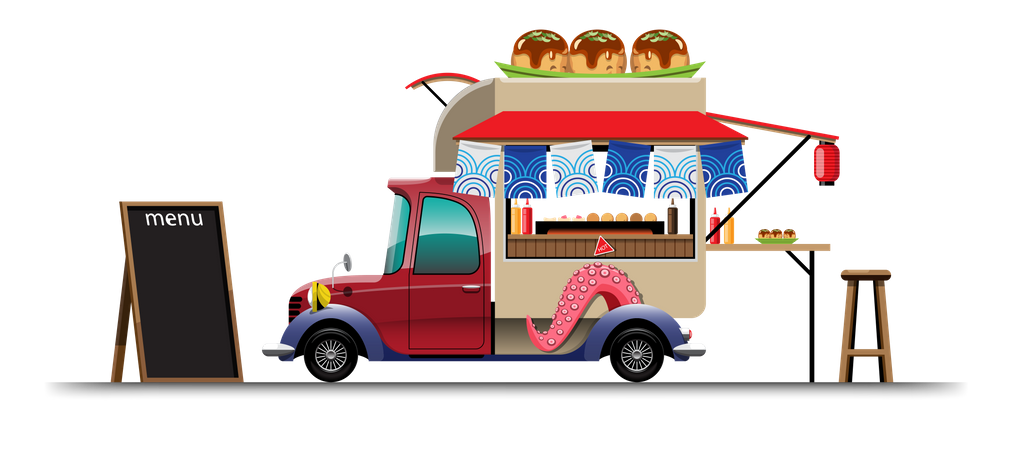 Camión de comida con snack japonés con tablero de menú.  Ilustración