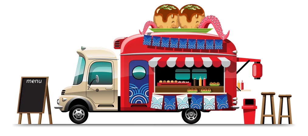 Camion De Comida Con Tienda Takoyaki Bocadillos Japoneses Con Tablero De Menu Y Silla Ilustracion De Vector Plano De Estilo De Diseno De Dibujo Ilustración