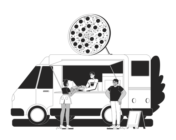 Camión de comida de pizza con clientes  Ilustración