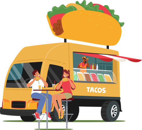 Camión de comida con un cartel gigante de tacos en la parte superior atiende a clientes en un evento al aire libre  Ilustración