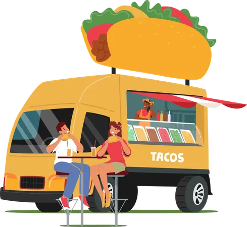 Camión de comida con un cartel gigante de tacos en la parte superior atiende a clientes en un evento al aire libre  Ilustración