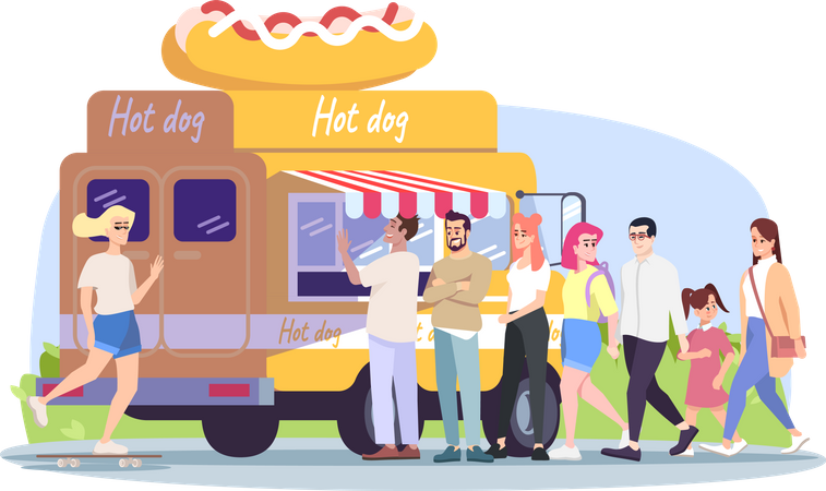 Camión de comida para perros calientes  Ilustración