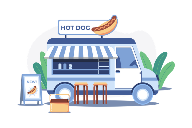 Camión de comida para perros calientes  Ilustración