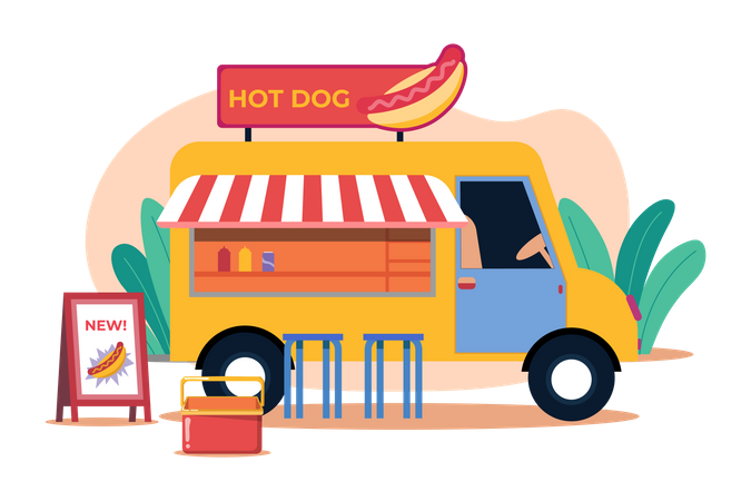 Camión de comida para perros calientes  Ilustración
