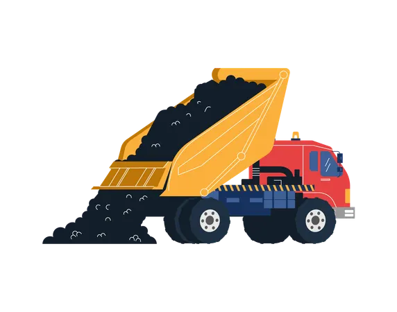 Camión de construcción descarga asfalto y maquinaria de construcción para reparación de carreteras.  Ilustración