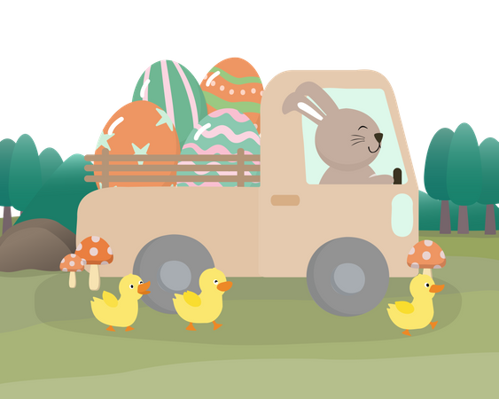Camion de conduite de lapin mignon avec oeuf de Pâques  Illustration