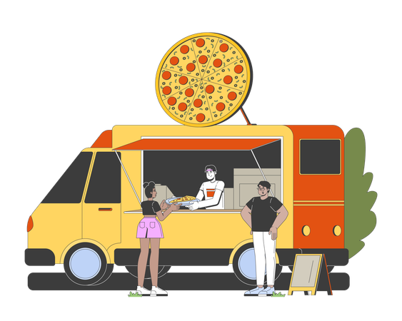 Camión de comida de pizza con clientes  Ilustración