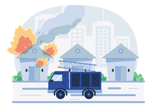 Camion de pompiers atteignant le site d'urgence incendie  Illustration