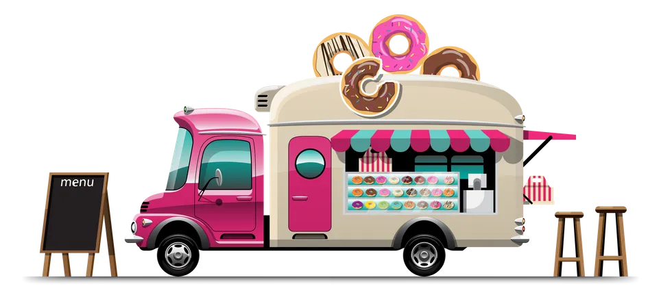 Camion De Comida Con Tienda De Bocadillos Donut Con Tablero De Menu Y Silla Ilustracion De Vector Plano De Estilo De Diseno De Dibujo Ilustración