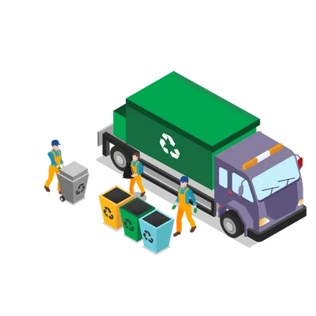 Camión recolector de residuos para reciclaje.  Ilustración