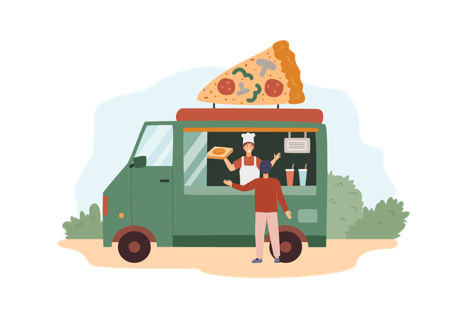 Camión verde de comida callejera que vende pizza y bebidas en una ilustración vectorial de estilo plano  Ilustración