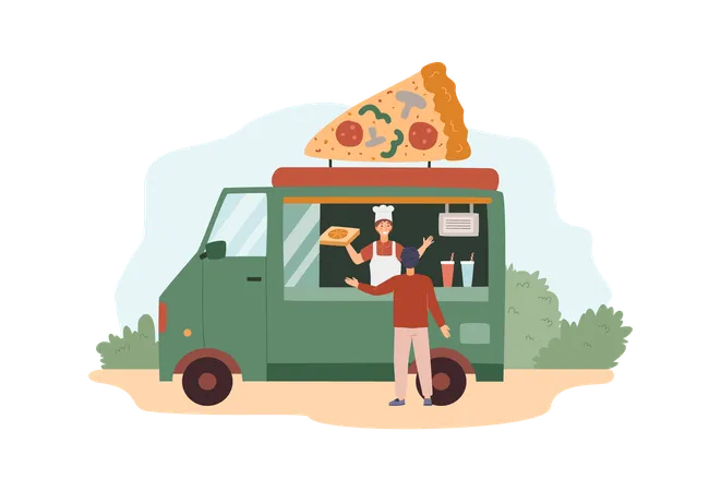 Camión verde de comida callejera que vende pizza y bebidas en una ilustración vectorial de estilo plano  Ilustración