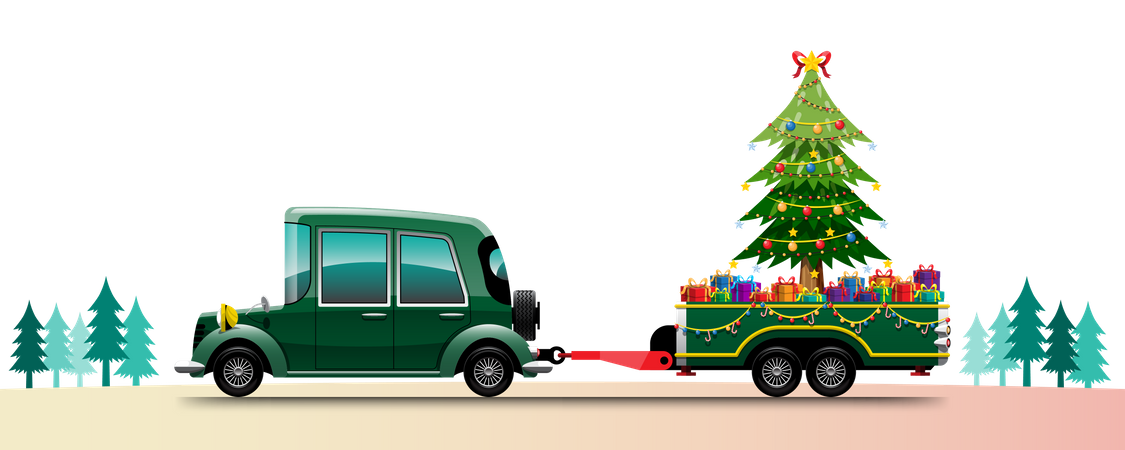 Camioneta retro con árbol de Navidad  Ilustración