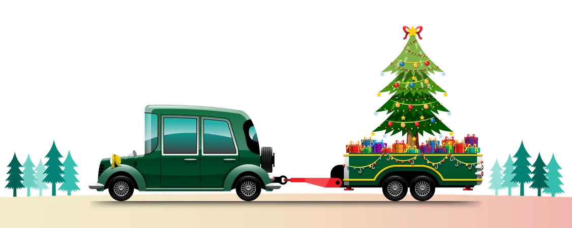 Camioneta retro con árbol de Navidad  Ilustración