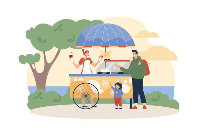 Camionnette ou camion de glaces dans un parc avec des gens achetant de la nourriture  Illustration
