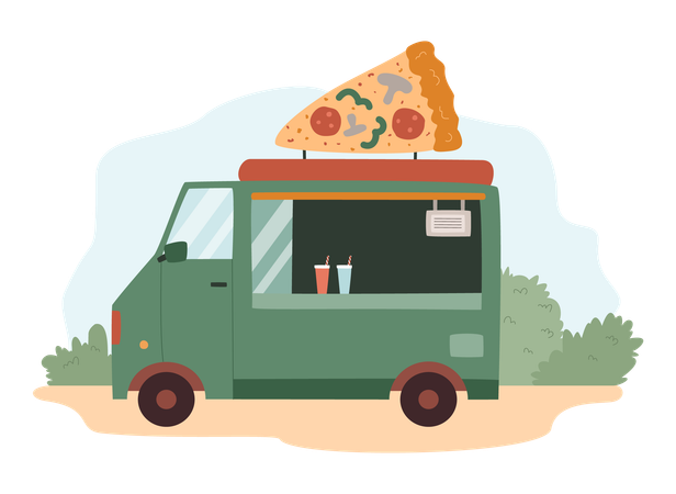 Camionnette ou camion de restauration dans le parc avec une part de pizza  Illustration