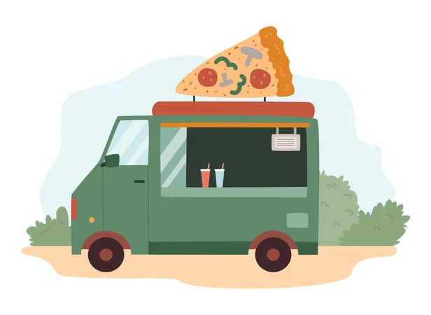 Camionnette ou camion de restauration dans le parc avec une part de pizza  Illustration