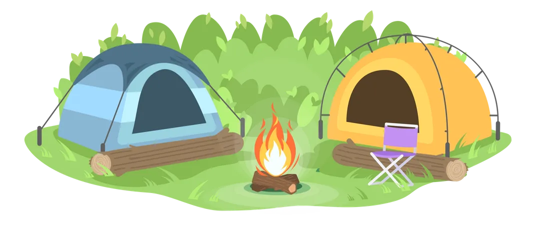 Camp in forest with bonfire Illustration