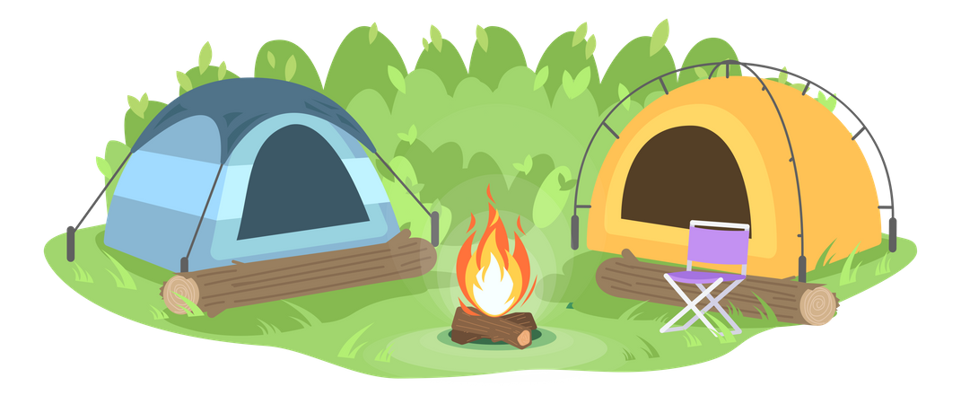 Camp in forest with bonfire  Illustration