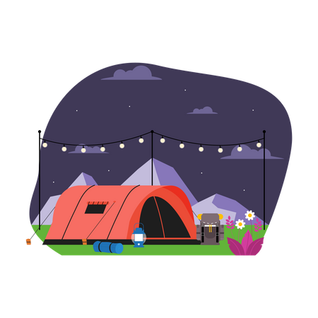 Campamento de aventura en las montañas  Ilustración