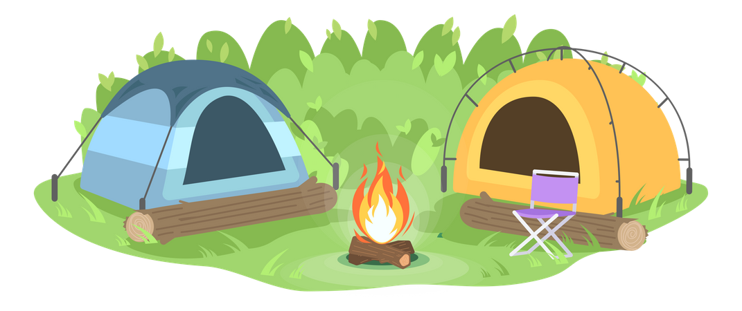 Campamento en bosque con hoguera  Ilustración