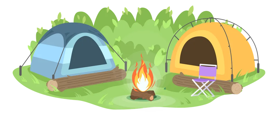 Campamento en bosque con hoguera  Ilustración