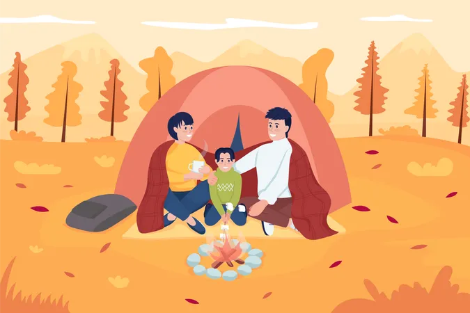 Camping familiar durante el otoño  Ilustración