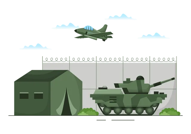 Plantilla De Fuerza Del Ejercito Militar Dibujada A Mano Linda Ilustracion Plana De Dibujos Animados Con Soldado Arma Tanque O Equipo Pesado Protector Ilustración