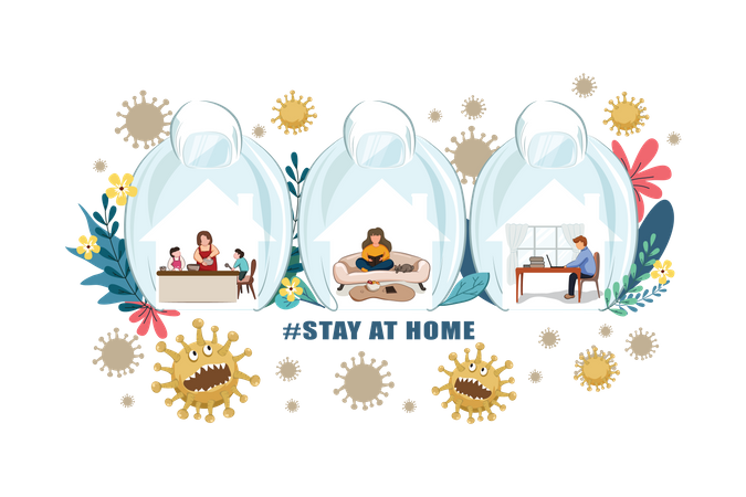 Campaña de concientización sobre quédate en casa en las redes sociales.  Ilustración